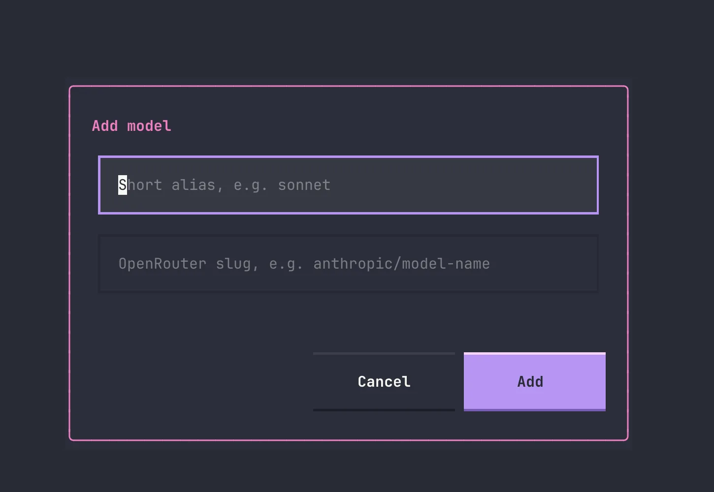 The Add model dialog, with fields for a short alias and OpenRouter slug