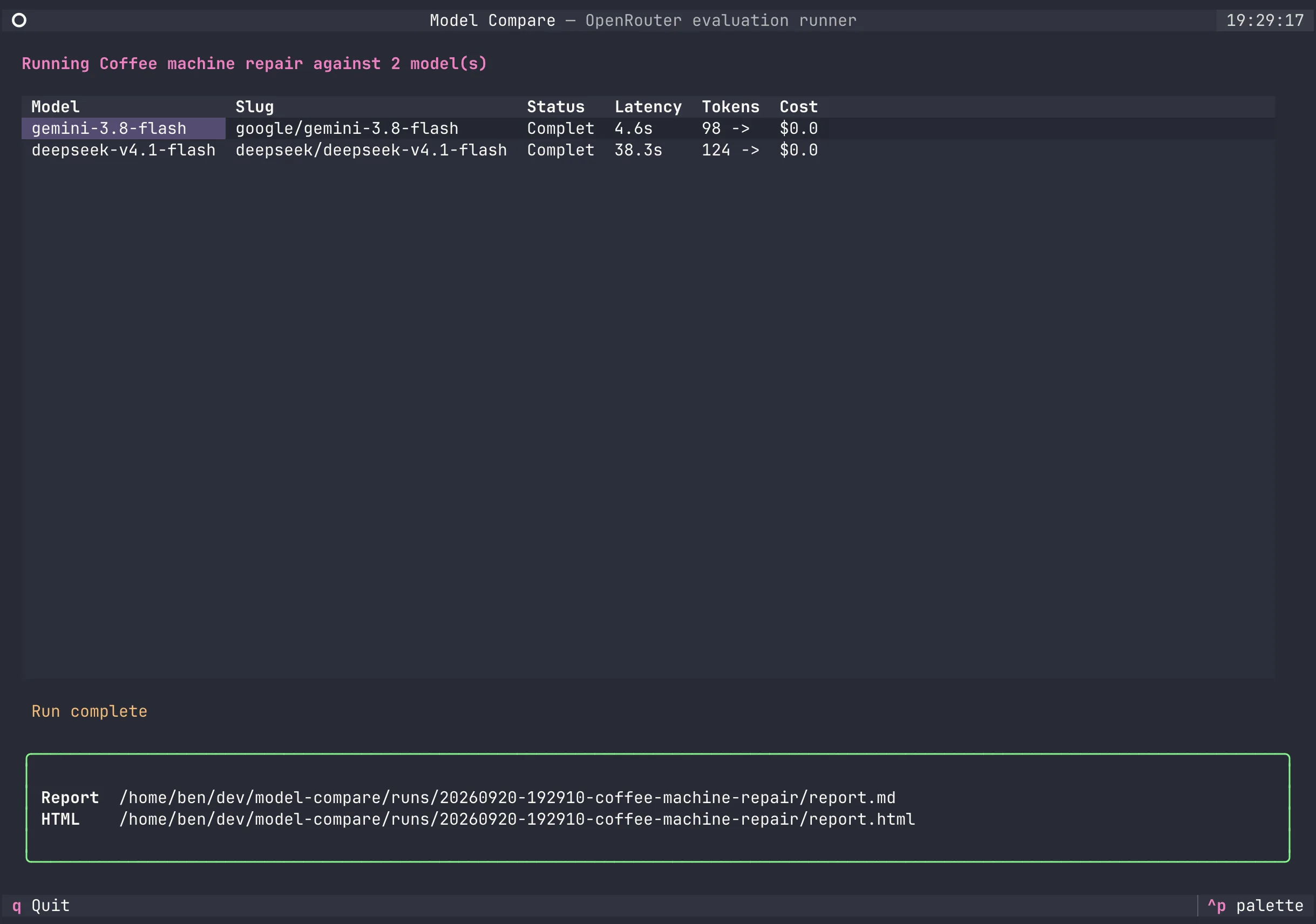 A completed Model Compare run showing two models and links to the generated reports