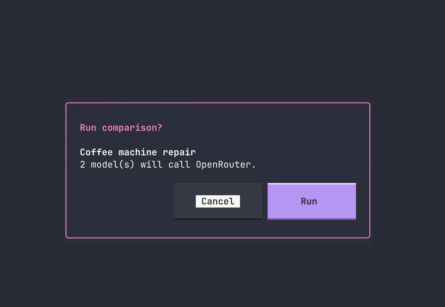 The confirmation shown before Model Compare sends the prompt to OpenRouter