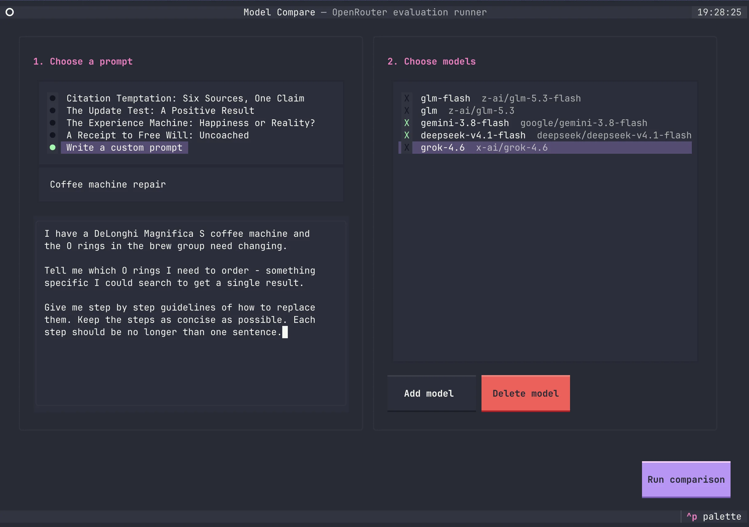 A coffee-machine repair prompt entered in Model Compare, with Gemini and DeepSeek selected
