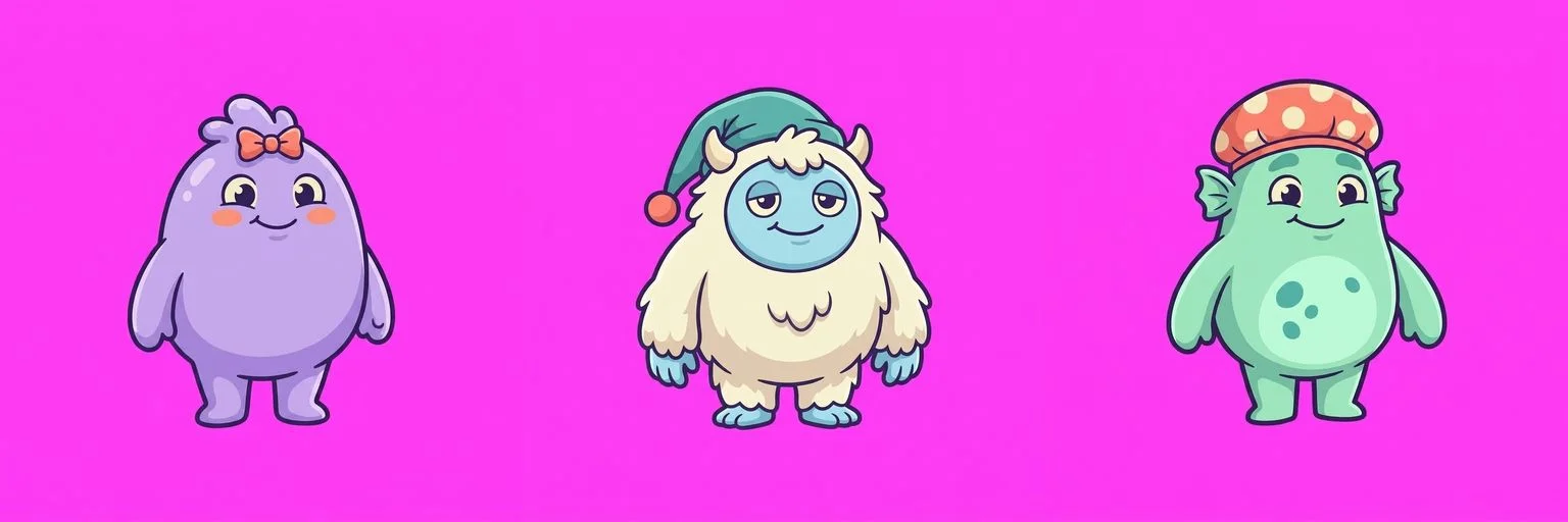 The original monster artwork on pink backgrounds: Pip the slime on the left, Yoyo the yeti in the middle, and Moss the bath monster on the right.