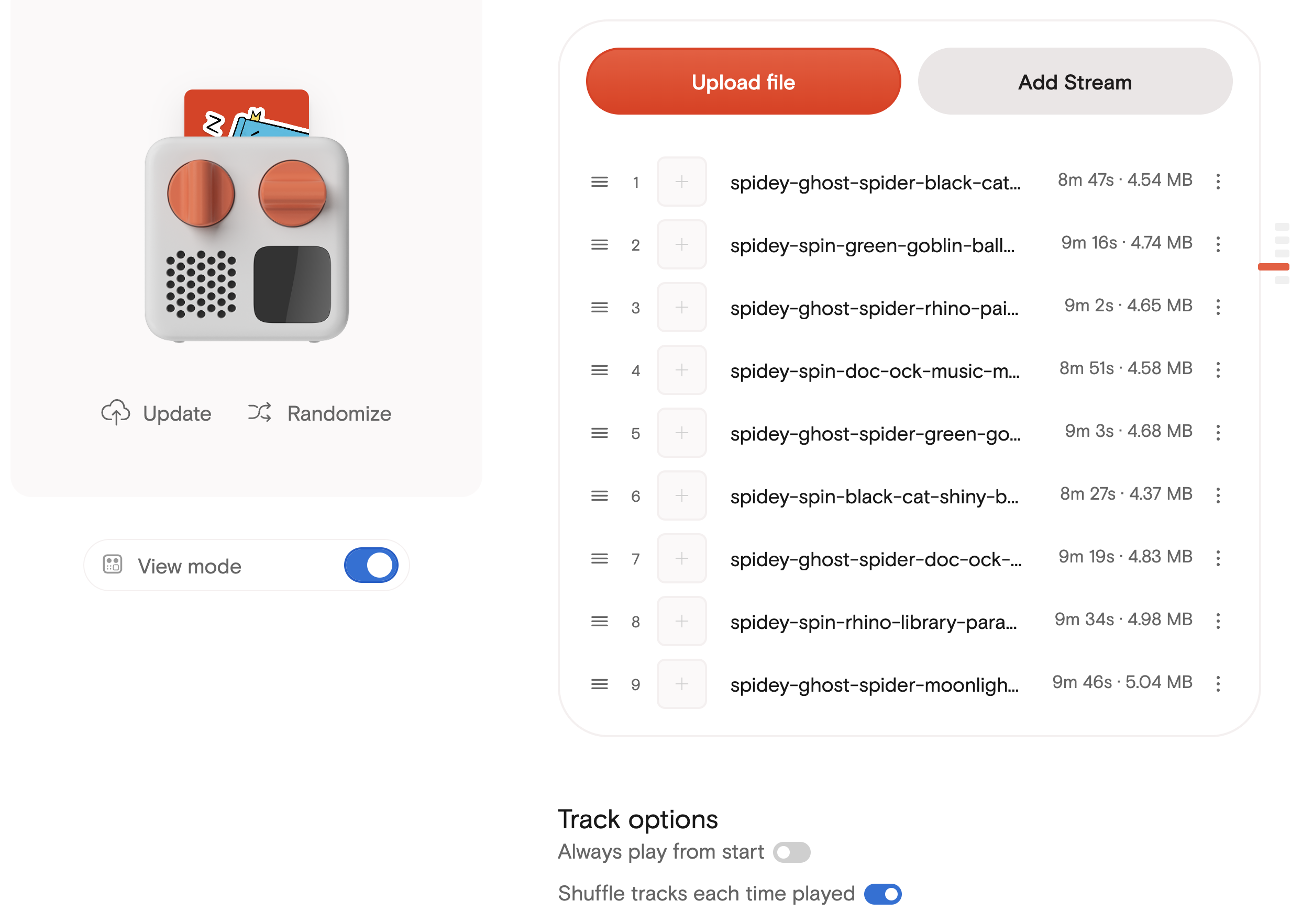 Yoto Make Your Own card editor showing the generated Spider-Man MP3s loaded as tracks
