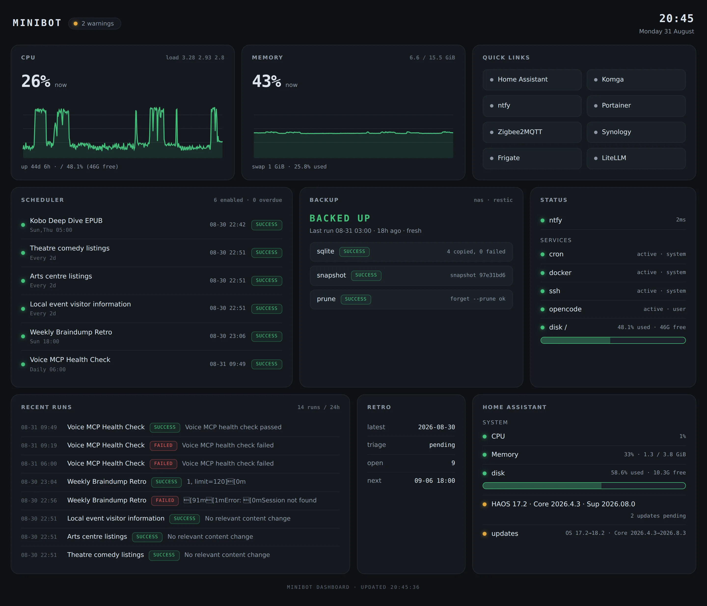 The minibot dashboard on a desktop browser, a bento grid of status tiles