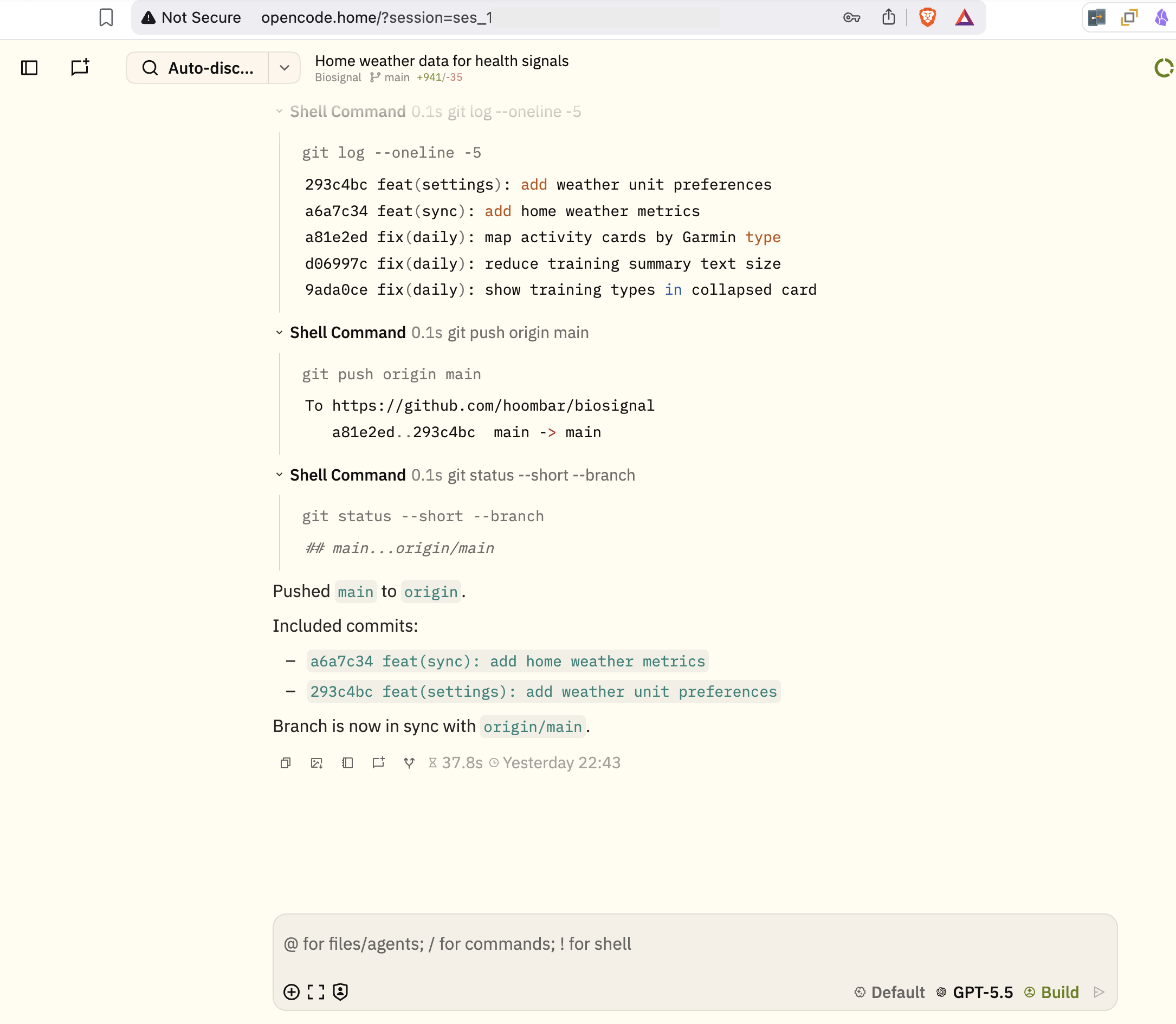 OpenChamber showing an OpenCode session in a browser